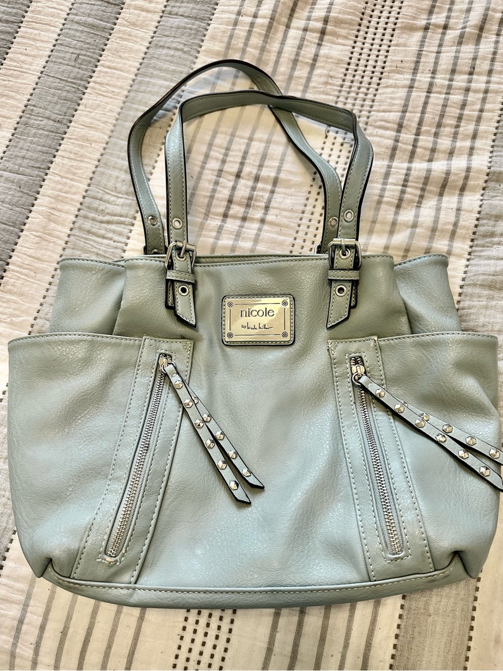 Nicole Miller SOPHIA Large Tote with Zippers and Studs Blue